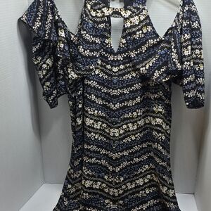 Candie's Floral Cold Shoulder Blouse - Navy and White